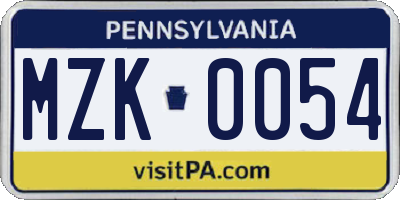 PA license plate MZK0054