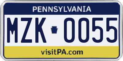 PA license plate MZK0055