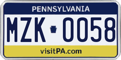 PA license plate MZK0058
