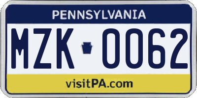PA license plate MZK0062