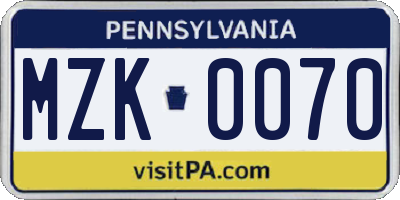 PA license plate MZK0070