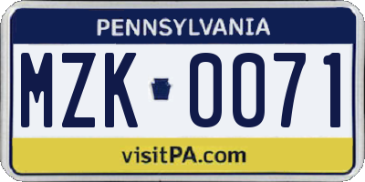 PA license plate MZK0071