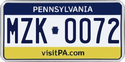 PA license plate MZK0072