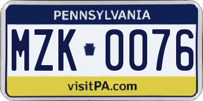 PA license plate MZK0076