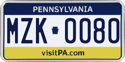 PA license plate MZK0080