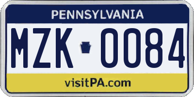 PA license plate MZK0084