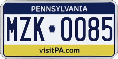 PA license plate MZK0085