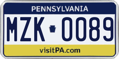PA license plate MZK0089