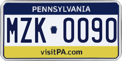 PA license plate MZK0090
