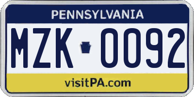 PA license plate MZK0092