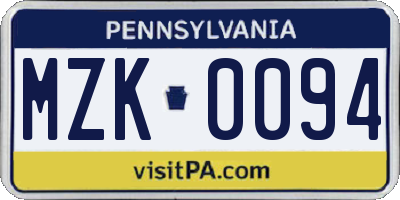 PA license plate MZK0094