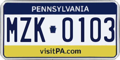 PA license plate MZK0103