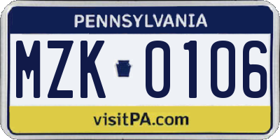 PA license plate MZK0106