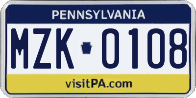 PA license plate MZK0108