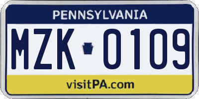 PA license plate MZK0109