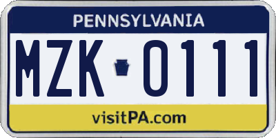 PA license plate MZK0111