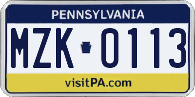 PA license plate MZK0113