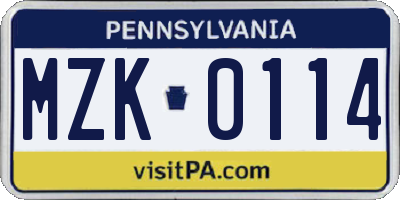 PA license plate MZK0114