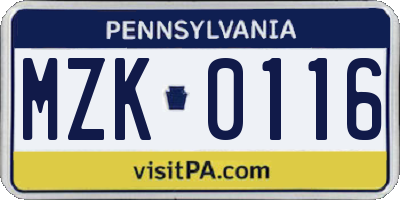 PA license plate MZK0116