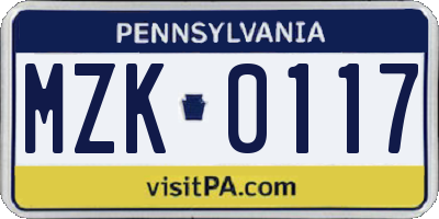 PA license plate MZK0117