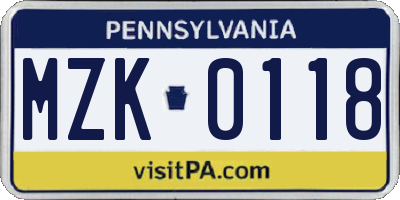 PA license plate MZK0118