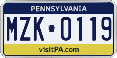 PA license plate MZK0119