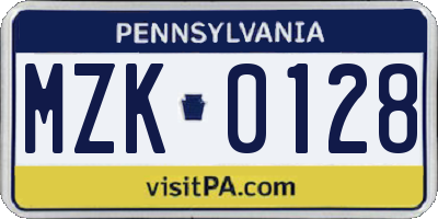 PA license plate MZK0128