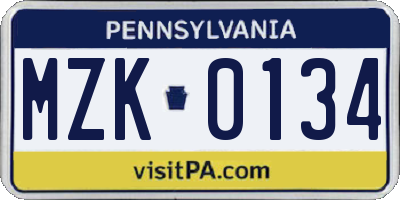PA license plate MZK0134