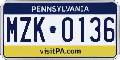 PA license plate MZK0136