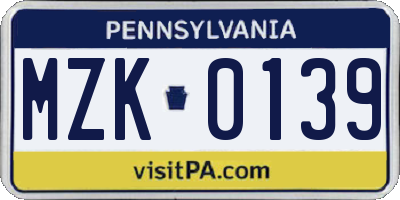 PA license plate MZK0139