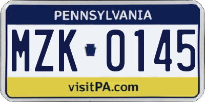 PA license plate MZK0145