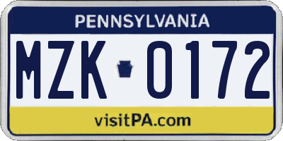 PA license plate MZK0172