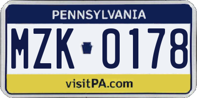 PA license plate MZK0178
