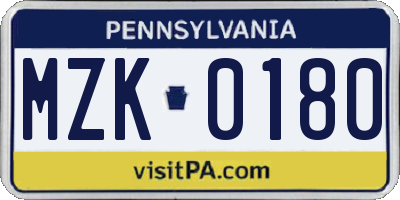 PA license plate MZK0180