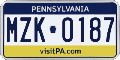 PA license plate MZK0187