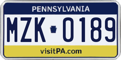 PA license plate MZK0189