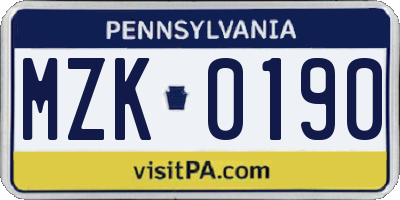 PA license plate MZK0190
