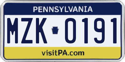 PA license plate MZK0191
