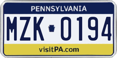 PA license plate MZK0194