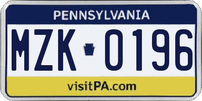 PA license plate MZK0196