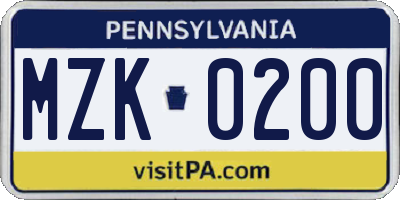 PA license plate MZK0200
