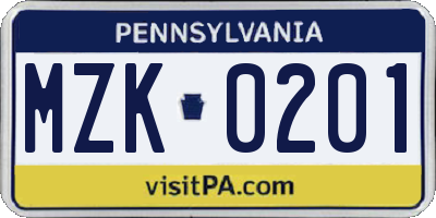 PA license plate MZK0201