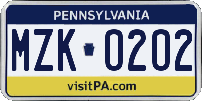 PA license plate MZK0202