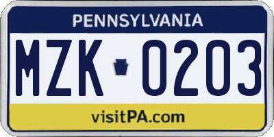 PA license plate MZK0203