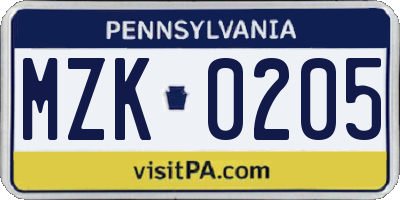 PA license plate MZK0205