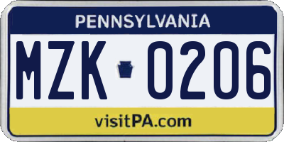 PA license plate MZK0206