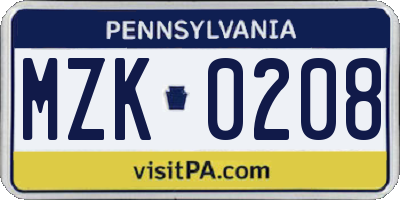 PA license plate MZK0208