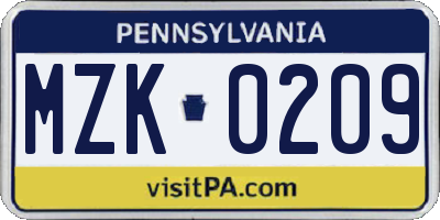 PA license plate MZK0209