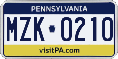 PA license plate MZK0210