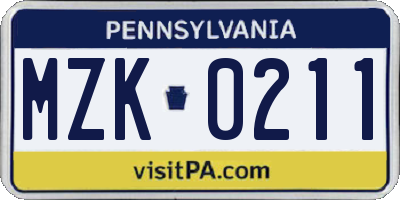 PA license plate MZK0211
